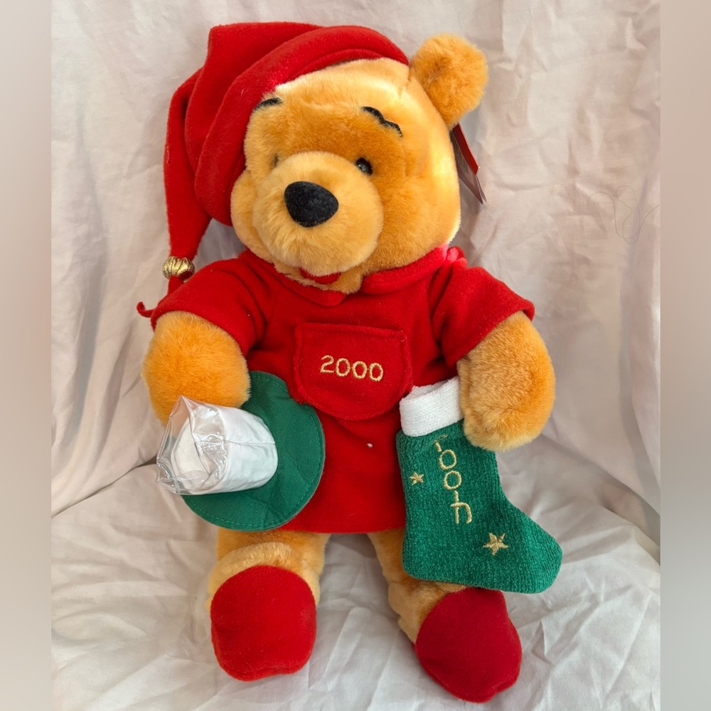 Vintage Disney Christmas Winnie The Pooh Stuffed Pooh W/Candle Stocking Slippers